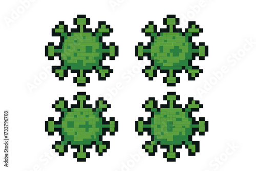Virus infection pixel art icon set. 8-bit gaming style microbe or germ symbol. Cartoon vector illustration for health, medicine, or science. Coronavirus bacteria cell.