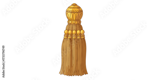 An ornate golden tassel with intricate decorative elements showing fine craftsmanship and luxurious appeal.