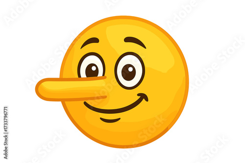 Liar emoticon concept with long nose. Vector emoji smiley with big nose for lie concepts. Dishonesty, deception, falsehood. Pinocchio character face. Isolated vector illustration.