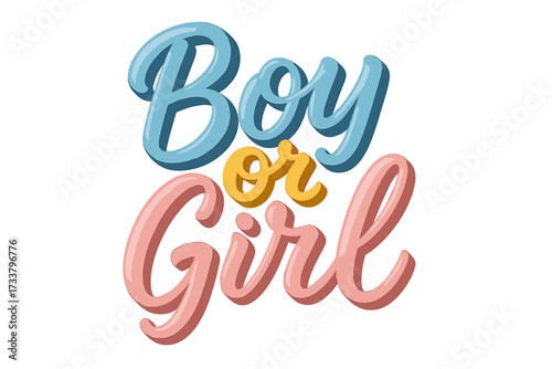 Boy or girl 3d lettering for gender reveal party. Hand drawn vector illustration for baby shower announcement card or banner. Modern calligraphic isolated design concept.
