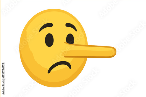Lie concept vector emoji with long nose. Liar smiley icon symbol of dishonesty and untruthful. Sad guilty face expression. Pinocchio story character metaphor illustration.