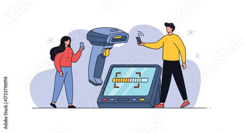 People using smartphones and a scanner to manage inventory and payments at a retail store.