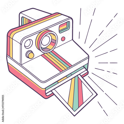 Retro instant camera with colorful stripes printing photo