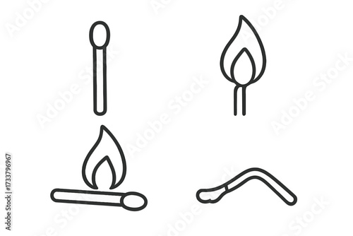 Matchstick icon set showing the process of burning. Vector line art symbols of a new, lit, and burnt match. Concept of fire, flame, ignition, light, and combustion.