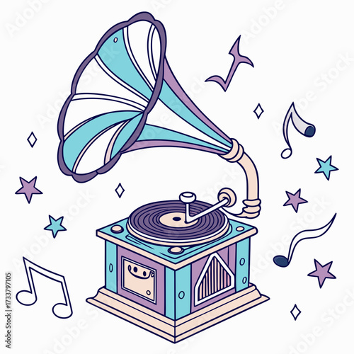 Vintage gramophone with musical notes and stars sound