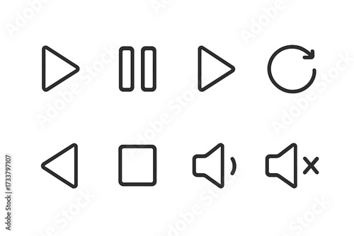Media player control icon set. Minimalist line art symbols for audio and video user interface design. Vector graphic element for web and mobile app. Play, pause, stop, volume.
