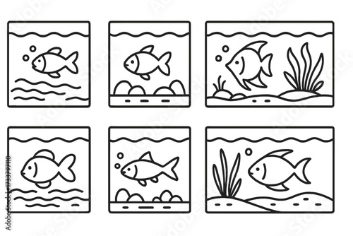 Fish in aquarium line icon set. Minimalist pictograms for web and graphic design. Vector illustration of pet fish in fishbowls with water, plants, bubbles. Aquatic life symbols.