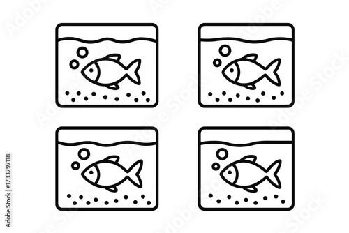 Fish in aquarium line icon set. Simple pet fish in fishbowl pictogram bundle. Minimalist underwater animal outline symbol for web, logo, and graphic design. Vector illustration.