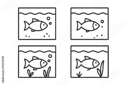 Fish in aquarium line icon set. Minimalist pet fish in fishbowl pictogram bundle. Simple aquatic animal symbol for web and apps. Vector underwater marine life illustration.