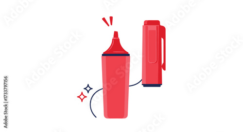 A bright red highlighter pen with its cap off and a few small sparkles around it.