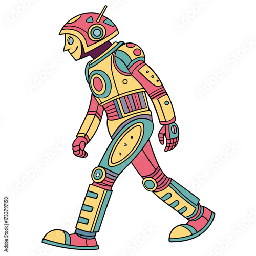 Walking humanoid robot with colorful geometric body