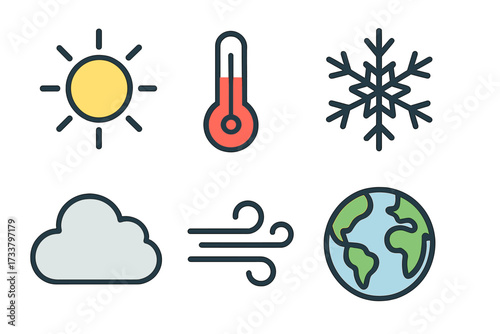 Weather icon set vector illustration. Minimalist line art symbols for forecast and meteorology. Includes sun, cloud, wind, snow, thermometer, and earth for climate change concepts.