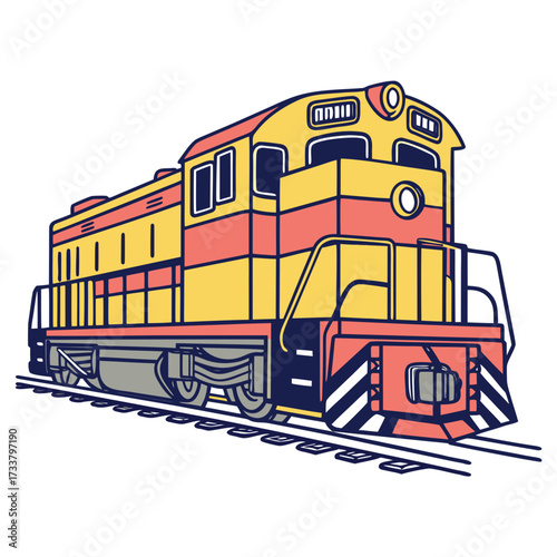 Yellow and coral diesel locomotive on railroad tracks