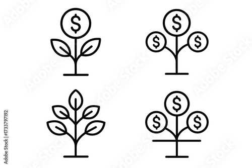 Vector money tree icon collection. Metaphor for financial growth, profit, and investment. Outline plant with dollar coins. Editable stroke. Business and finance symbol set.
