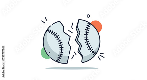 A baseball splits into two pieces with colorful circles in the background.
