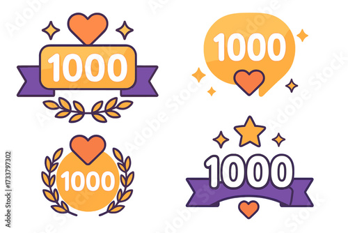 1000 followers thank you badge set. Vector icons for social media celebration. 1k subscribers goal achievement. Milestone design elements with hearts, stars and ribbons.