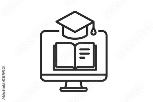 Online education and e-learning concept. Vector line icon with computer, book, and graduation cap for distance learning, webinars, tutorials, and obtaining a digital degree.