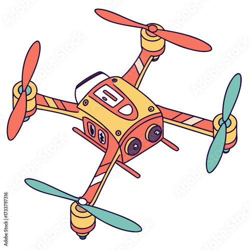 Yellow and orange drone with teal propellers quadcopter