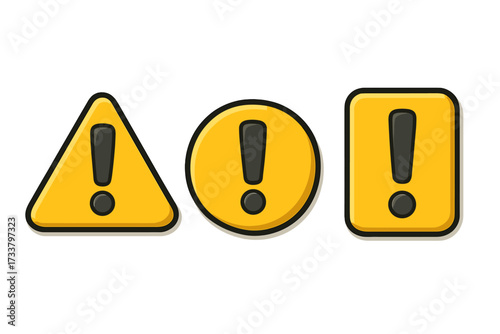 Warning attention sign set. Exclamation mark icon. Caution, danger, alert, risk, and error symbol collection. Vector illustration in triangle, circle, and square shapes.