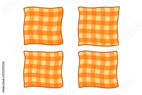 Set of orange checkered picnic blankets. Gingham tablecloth vector illustration. Cartoon fabric napkin for summer outdoor dining. Country style kitchen textile collection.