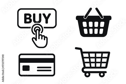 Online shopping icon set for e-commerce and digital marketing. Vector collection with buy button, hand cursor click, shopping cart, basket and credit card for web payment.