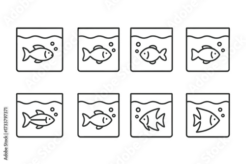Fish in aquarium line icon set. Pet shop or fishery concept. Minimalist fishbowl linear pictogram pack for web, graphic design, apps, UI, UX. Vector cartoon illustration.