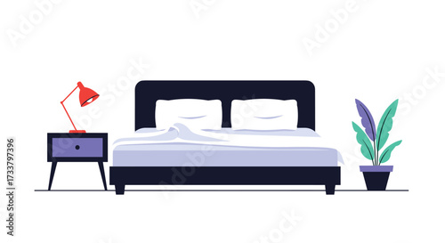 A cozy bedroom scene featuring a comfortable bed and a small nightstand with a lamp.