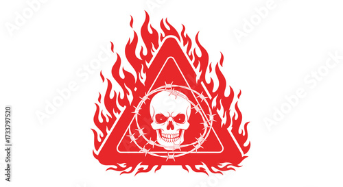A skull and crossbones symbol within a warning triangle engulfed in flames.