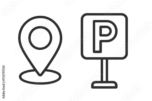 Parking location icon set. Car park sign and map pointer symbol. GPS navigation pin for destination. Find parking lot concept. Simple line art vector graphic for web and mobile app.