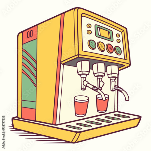 Yellow and red juice dispenser with three spouts and cups