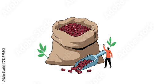 A person taking beans from a burlap sack with a shovel, healthy food ingredients for cooking.