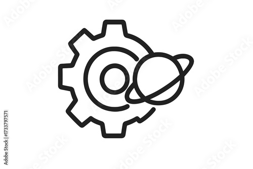 Space engineering and industrial technology icon. Gear and planet symbol for innovation, development, and scientific discovery. Mechanical cogwheel with Saturn. Vector line art logo.