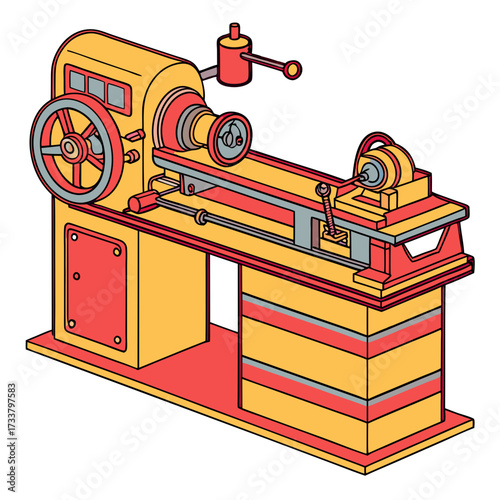 Yellow and red lathe machine vector illustration industrial