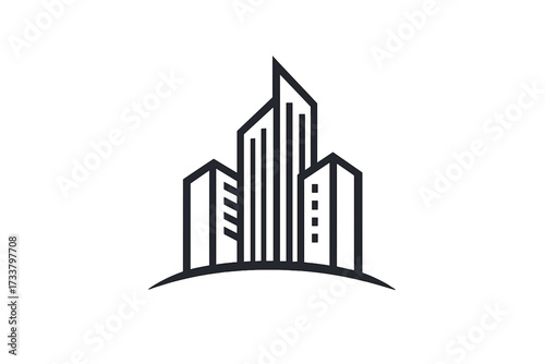 Real estate logo with skyscraper buildings skyline. Minimal vector design for construction, property or architecture company. Corporate identity brand mark for development.