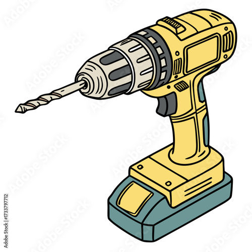 Yellow cordless drill with drill bit power tool
