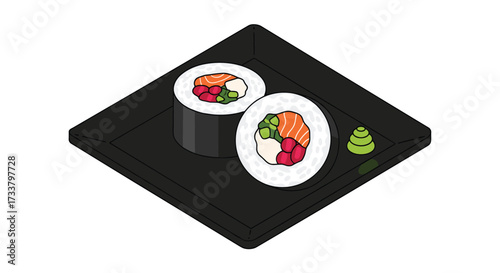 Delicious sushi rolls served on a black square plate with a dollop of wasabi.