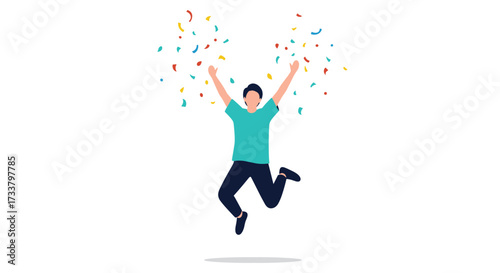 A joyful person jumps in the air celebrating a happy occasion with colorful confetti raining down.