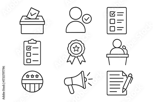Election and voting line icon set. Political campaign and democracy symbols. Government poll concept. Ballot box, candidate, debate, and patriotic badge vector collection.