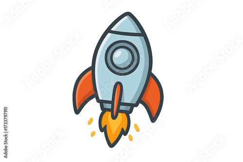 Cartoon rocket launch vector illustration. Symbol for business startup, project boost, speed, success, and growth. Technology spaceship icon for new mission and innovation.