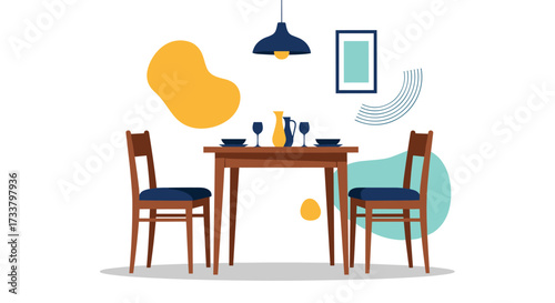 Cozy dining room setup with two chairs and a wooden table adorned with tableware and decorative elements.