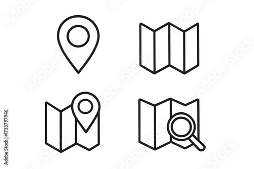 Map location icon set. Linear outline symbols for navigation, destination, GPS, route finding. Search with magnifying glass, pin marker for web, mobile app. Vector illustration.