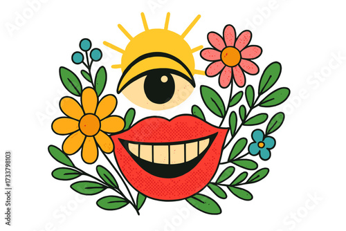 Abstract face collage with smiling lips and sun eye surrounded by flowers. Retro pop art concept for spring vibes, happiness, good mood, and positive emotions. Halftone vector.