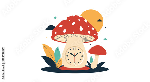 A whimsical clock tower shaped like a mushroom in a magical forest setting.