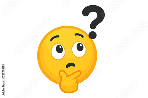Thinking face emoji with question mark. Concept of problem solving, curiosity, doubt. Pondering a question. FAQ, support and solution finding symbol. Vector illustration.