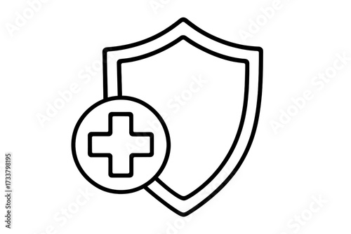Health protection shield with plus icon. Medical cross symbol for healthcare and insurance. Concept of immune system defense, safety, and security. Vector line art illustration.