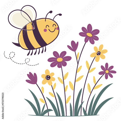 Adorable cartoon bee buzzes happily through a field of vibrant purple and yellow flowers in a cheerful spring scene