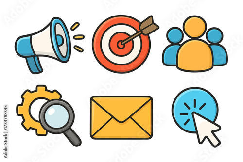 Digital marketing icons set. Cartoon vector illustration for business. Megaphone for promotion, target for goals, users for audience, SEO search, email, pay per click symbol.