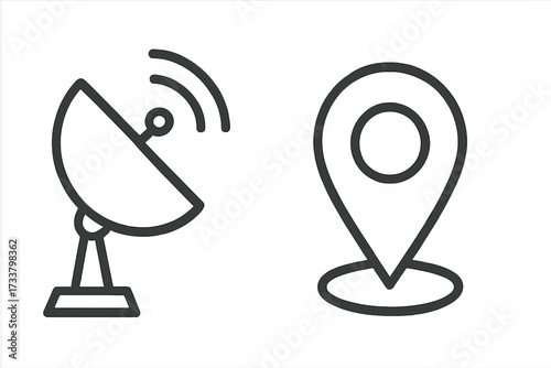 Set of dish antenna and location pin icons. Linear vector symbols for GPS, satellite navigation, signal tracking, broadcast, geotagging, and global communication technology.