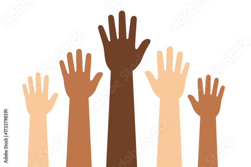 Diverse colored hands of multi-ethnic people raised up. Volunteers and charity work concept. Teamwork, unity, and community support. Vector for human rights and social equality.