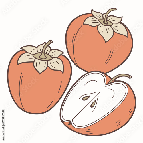 Vibrant persimmons and a juicy apple slice offer a delightful taste of autumn's bounty, perfect for healthy recipes and seasonal designs.